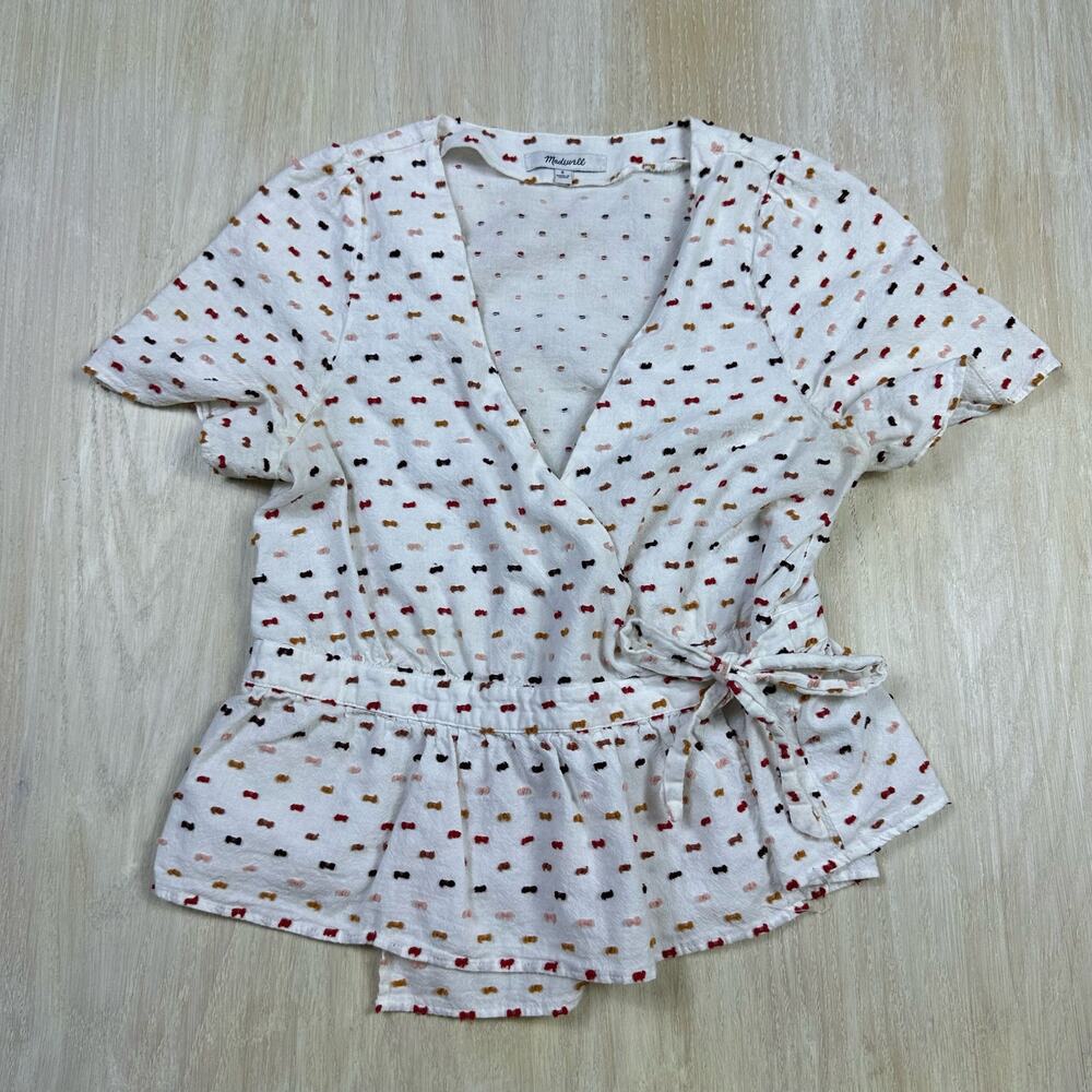 Madewell White Wrap Blouse with Red, Yellow, and Black Dot Print